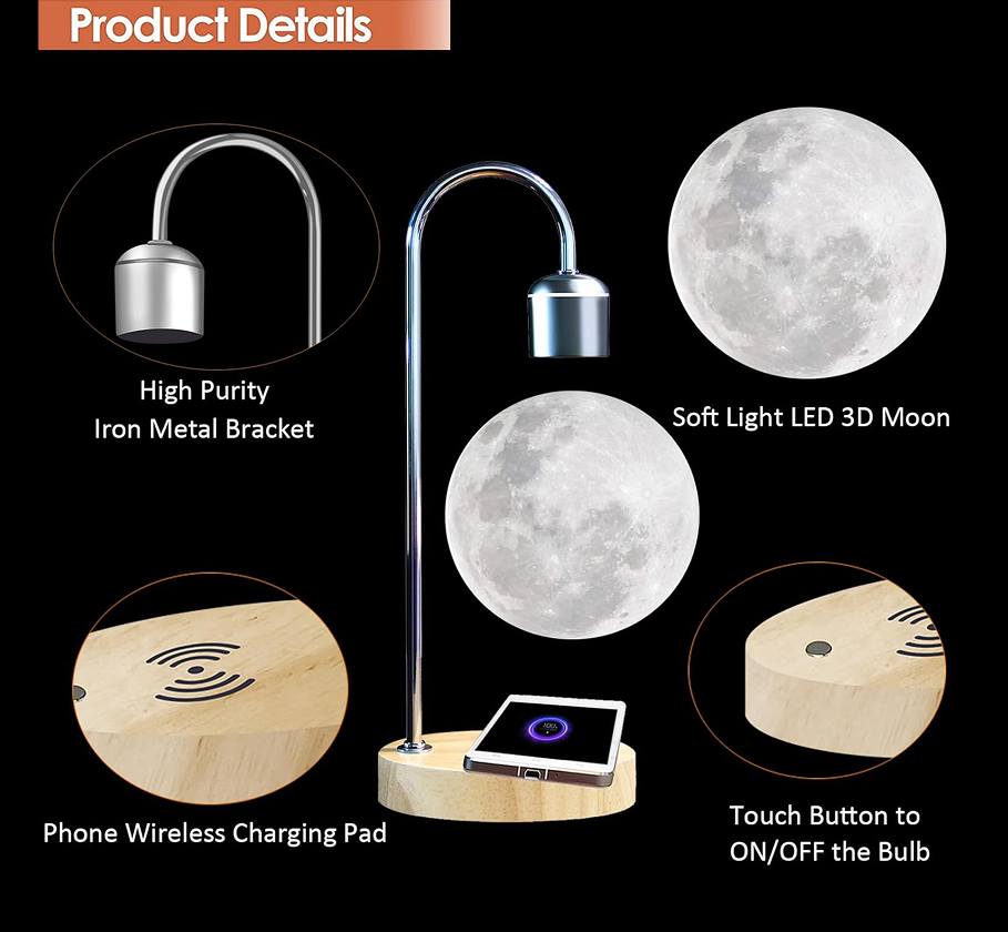 Magnetic Levitating Moon Lamp with 10W Wireless Phone Charger