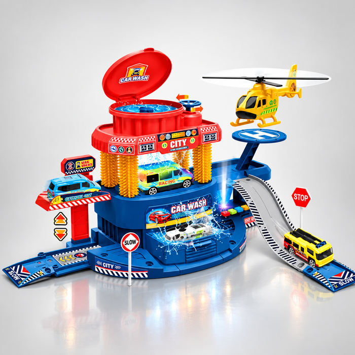 Multifunctional Urban Car Wash and City Parking Garage Playset with 1:64 Alloy Cars, Helicopter, Ramp Track & Color Change Car Toy Set