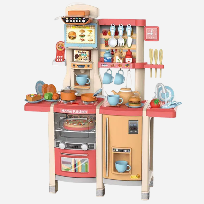 100CM Large Steam Kitchen Play Set for Kids | Interactive Cooking Station with Realistic Steam Effect, Water Circulation Sink, Oven, Refrigerator & Kitchen Accessories (Age 3+) (Pink) - MJL-87