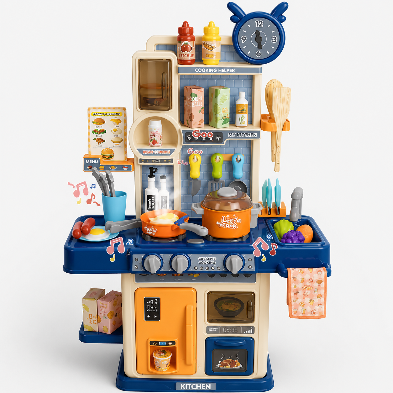 75CM Smart Kitchen Play Set for Kids | Interactive Cooking Station with Oven, Gas Stove, Sink, Kitchen Accessories & Pretend Play Food Set (Blue) - MJL-802