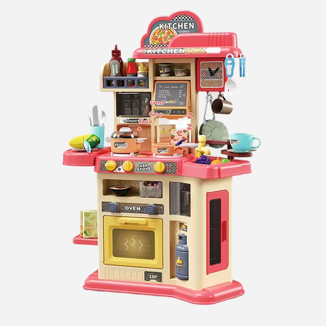 80CM Smart Kitchen Play Set for Kids | Interactive Cooking Station with Oven, Gas Stove, Sink, Kitchen Accessories & Pretend Play Food Set (Red) - MJL-911