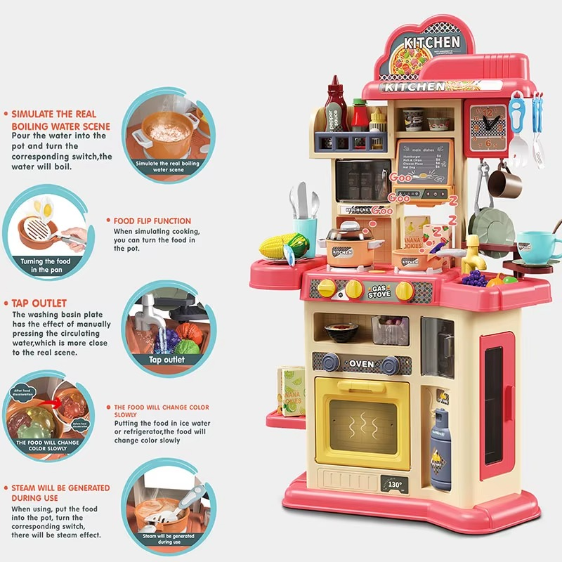 80CM Smart Kitchen Play Set for Kids | Interactive Cooking Station with Oven, Gas Stove, Sink, Kitchen Accessories & Pretend Play Food Set (Red) - MJL-911