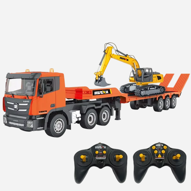 Huina 1319 - 1:18 RC Low Bed Trailer Truck with Excavator - 2.4GHz Full Function Construction Transport Combo Set with Dual Remote Control RTR