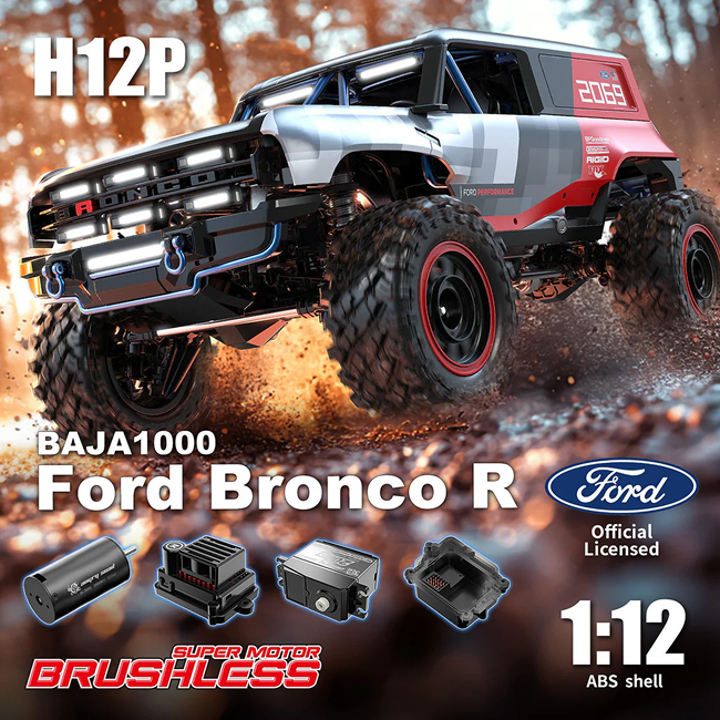 MJX Hyper Go H12P Ford Bronco RC Crawler 1/12 Scale 4WD Brushless Off-Road Truck RTR with LED Lights, Long Runtime, All Terrain RC Car, Baja 1000