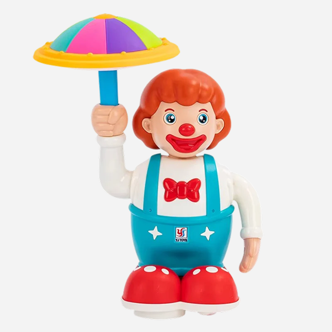 360° Rotating Circus Clown Musical Toy with Colorful LED Umbrella Lights, Music & Automatic Bump-and-Go Action for Kids 3+ Years