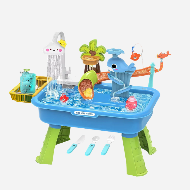 Vegetable Washing Basin Kids Water Play Sink Toy Set (43 PCS) | Pretend Play Kitchen Washing Basin with Faucet & Fishing Game | Educational Water Activity Toy for Kids 3+