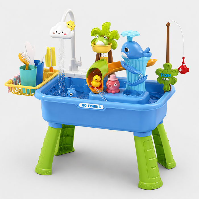 Vegetable Washing Basin Play Set 43 Pieces with Running Water Sink, Fishing Game & Kitchen Accessories for Kids 3+ Years
