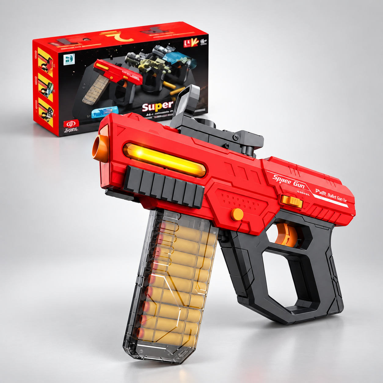 Super Gun NO.303 Electric Soft Bullet Toy Blaster, 28 cm Rechargeable Toy Gun with Shell Ejection, 12 Soft Foam Bullets, Detachable Magazine, Sight Attachment and 3.7V Battery, Ages 6+