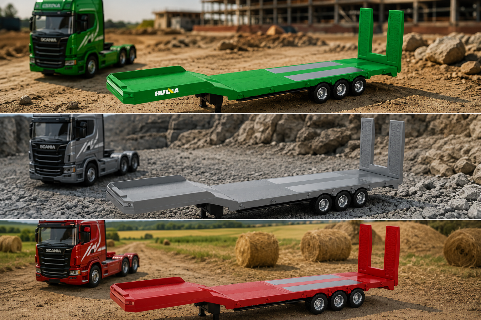Huina 1502 Official - 1:18 Scale RC Flatbed Semi Trailer for Huina 1501 Scania 770S, 3-Axle Heavy Haul Trailer with Electric Landing Legs, Powered Tailboard & Rechargeable RTR Design