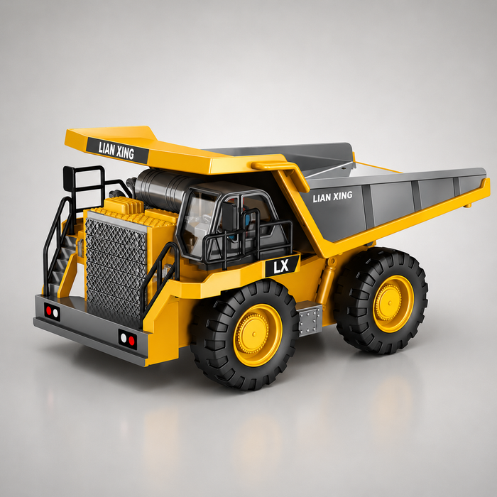 LIAN XING - 1:20 Scale Alloy RC Dump Truck, 9CH 2.4GHz Remote Control Construction Vehicle with Metal Dump Bed, Lights & Sounds, Rechargeable Engineering Truck for Kids 3+