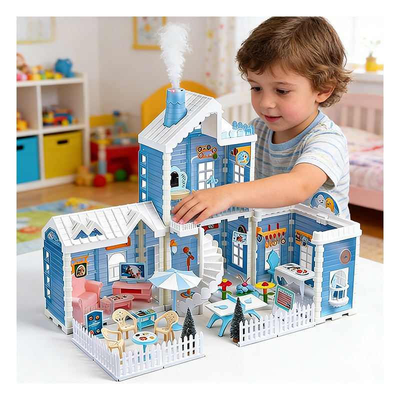 Snow House DIY Dollhouse Playset for Kids, Blue and White Winter-Themed Miniature Dream House with Furniture and Accessories, Creative Pretend Play Toy for Girls, Birthday Gift - 668-89A