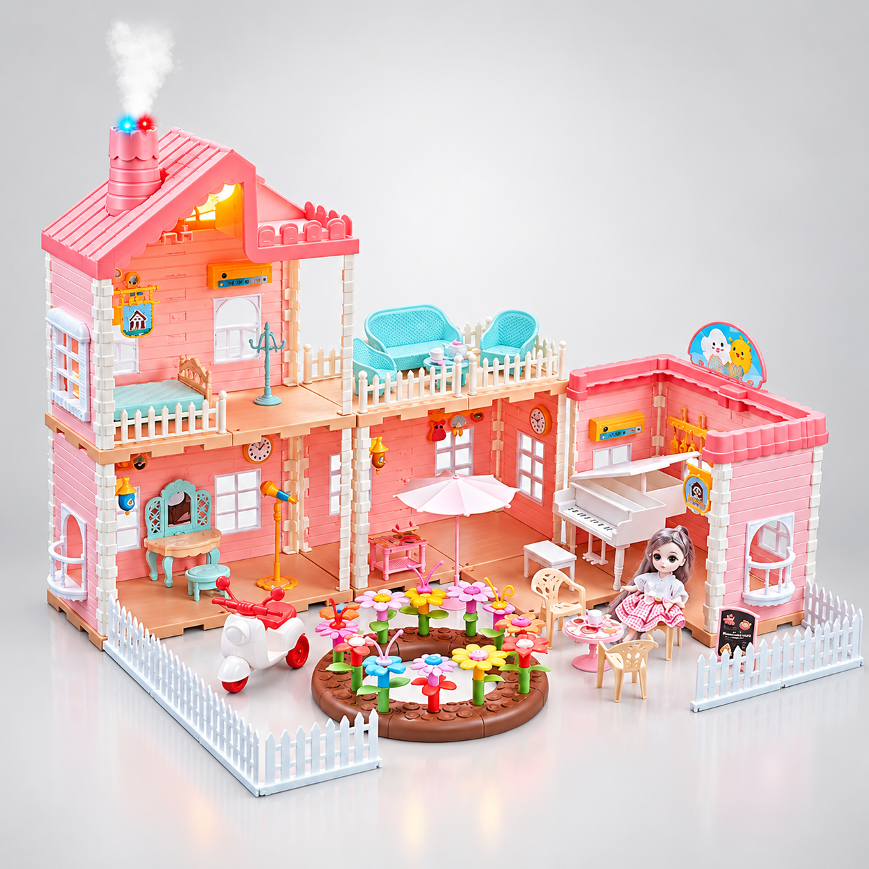 Princess House Dollhouse 668-82A, 195-Piece DIY Assembly Playset with Furniture, Jointed Doll, Light-Up Chimney, Spray Function, Multi-Level Villa, Garden Accessories and Pretend Play Features