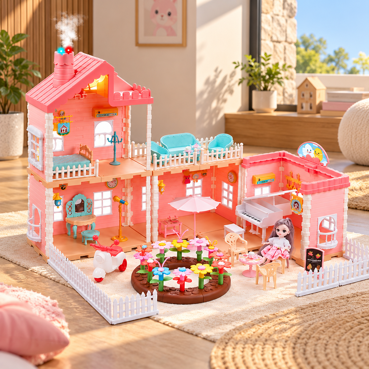 Princess House Dollhouse 668-82A, 195-Piece DIY Assembly Playset with Furniture, Jointed Doll, Light-Up Chimney, Spray Function, Multi-Level Villa, Garden Accessories and Pretend Play Features