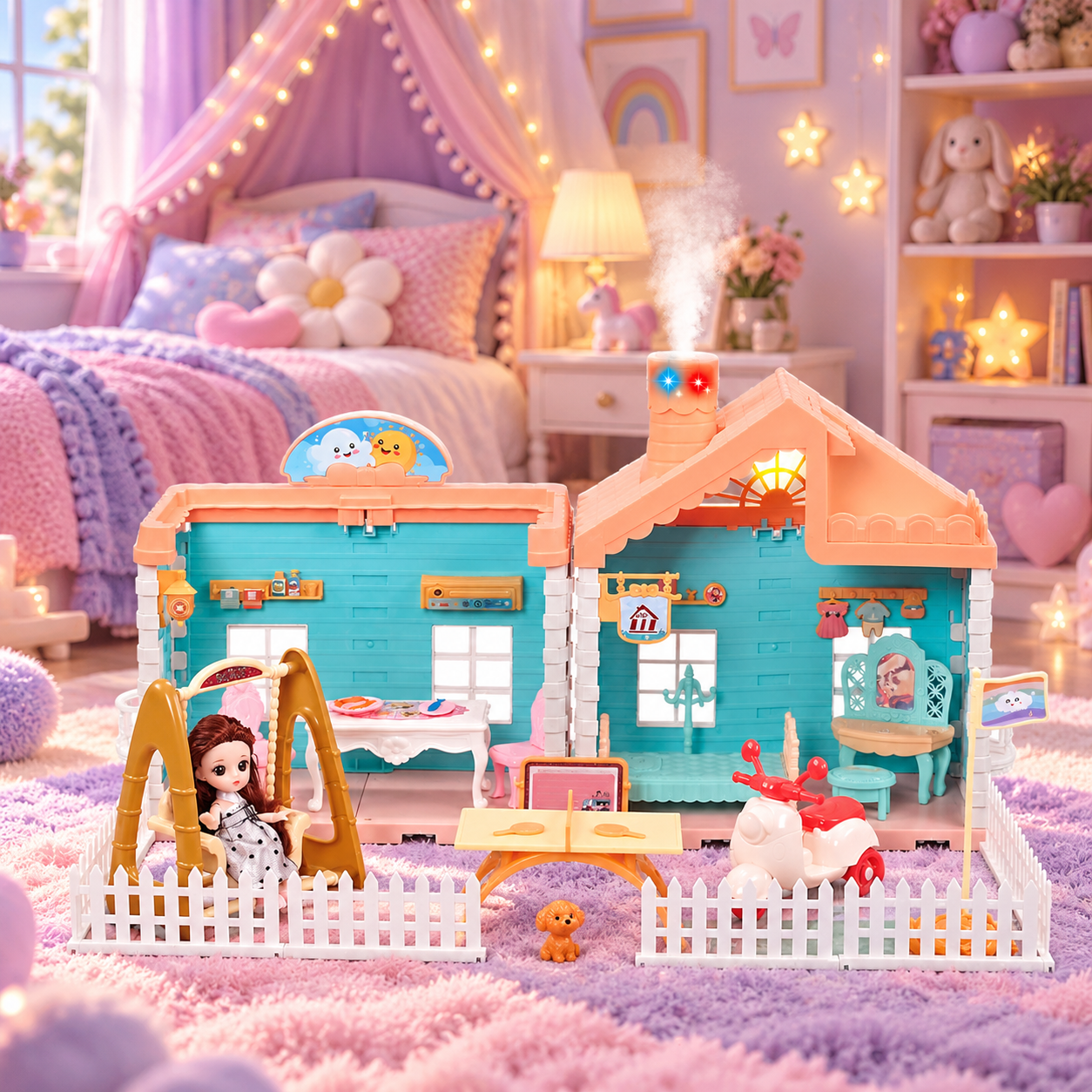 Princess House Dollhouse 668-10A, 95-Piece DIY Assembly Villa Playset with 4.5-Inch Jointed Doll, Roof Light, Chimney Spray and Light Effects, Furniture, Swing, Motorcycle and Accessories