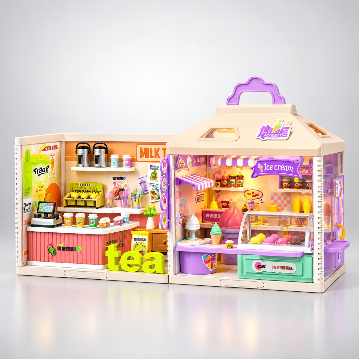 YOYO Cabin Mini Shop Dollhouse Playset 866-11A, 224-Piece DIY Tea Shop and Ice Cream Store with LED Lights, Miniature Food, Display Counters, Shelves and Shop Accessories, Pretend Play Toy