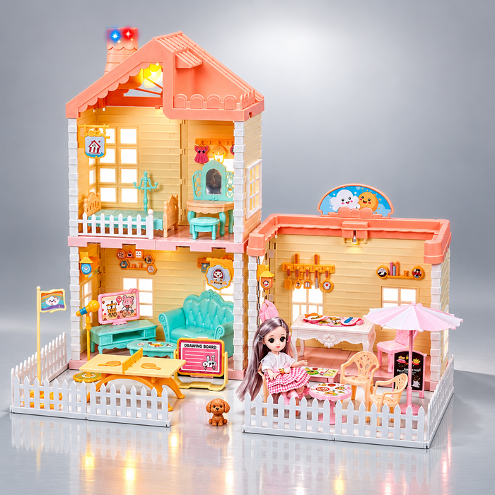Princess House DIY Dollhouse Playset for Kids, 125-Piece Pink Miniature Dream House with Doll, Furniture, Dining Set, Accessories and Decorative Fencing, Pretend Play Toy Gift for Girls - 668-39A