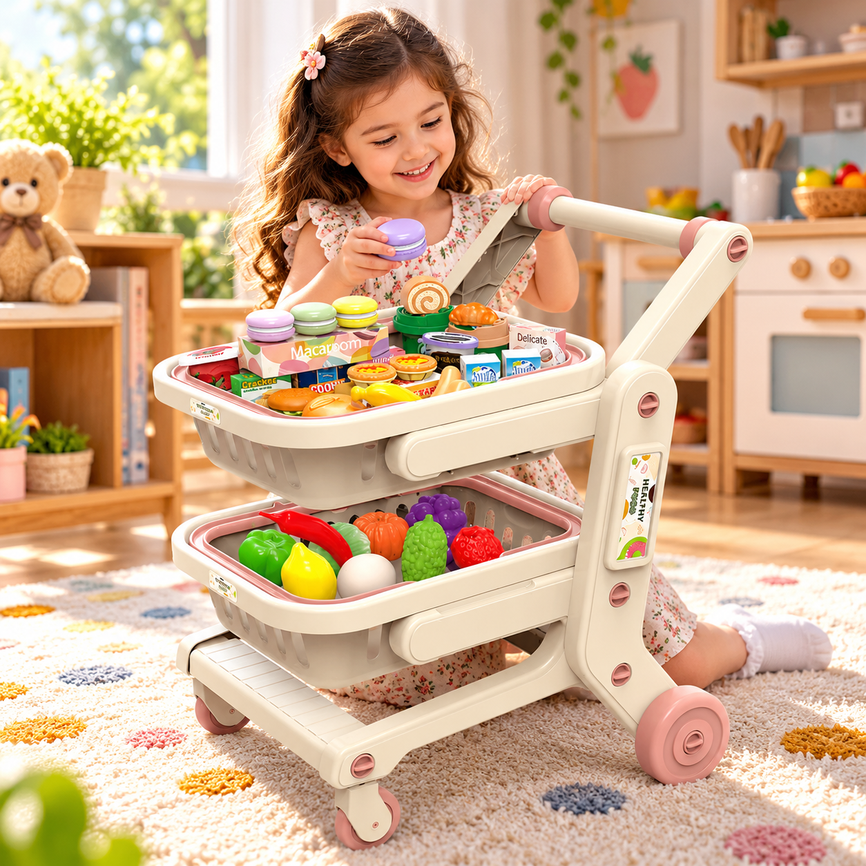 Kids Shopping Cart Toy Set with 33 Pieces, Double Basket Supermarket Trolley with Pretend Play Fruits, Vegetables, Burgers, Snacks and Grocery Items, Push Along Shopping Cart for Children Ages 3+