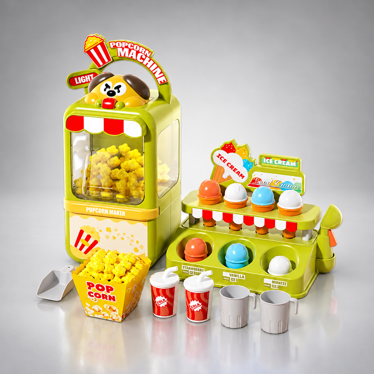 Pretend Play Color Box Popcorn Maker & Ice Cream Store Play Set with Lights Music Role Play Toy