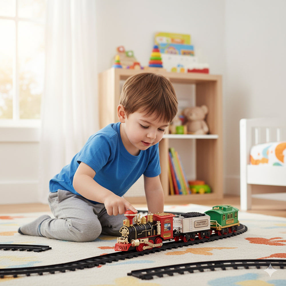 Classic Steam Train Set with Track - Choo Choo Super Locomotive Toy with Passenger & Cargo Cars - NO.19020B