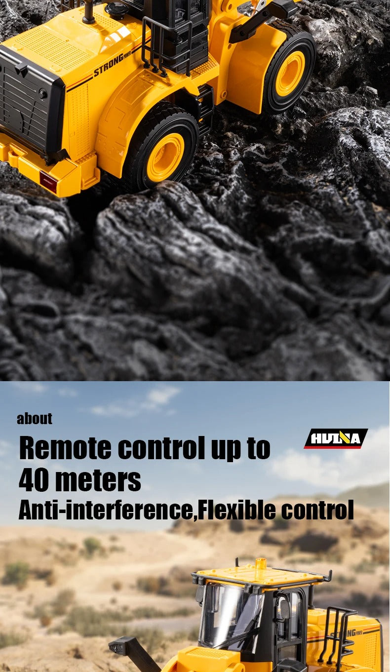 Huina 1552 - 1:16 RC Wheel Loader | 2.4GHz 11CH Semi-Alloy Front End Construction Loader with Metal Bucket, Lights & Sound description image 10