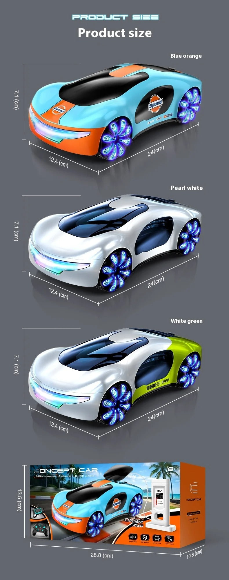 CV-E600 - Dual Spray Simulation Remote Control Concept RC Car with LED Lights 360° Stunt Drift Racing Toy for Kids description image 10