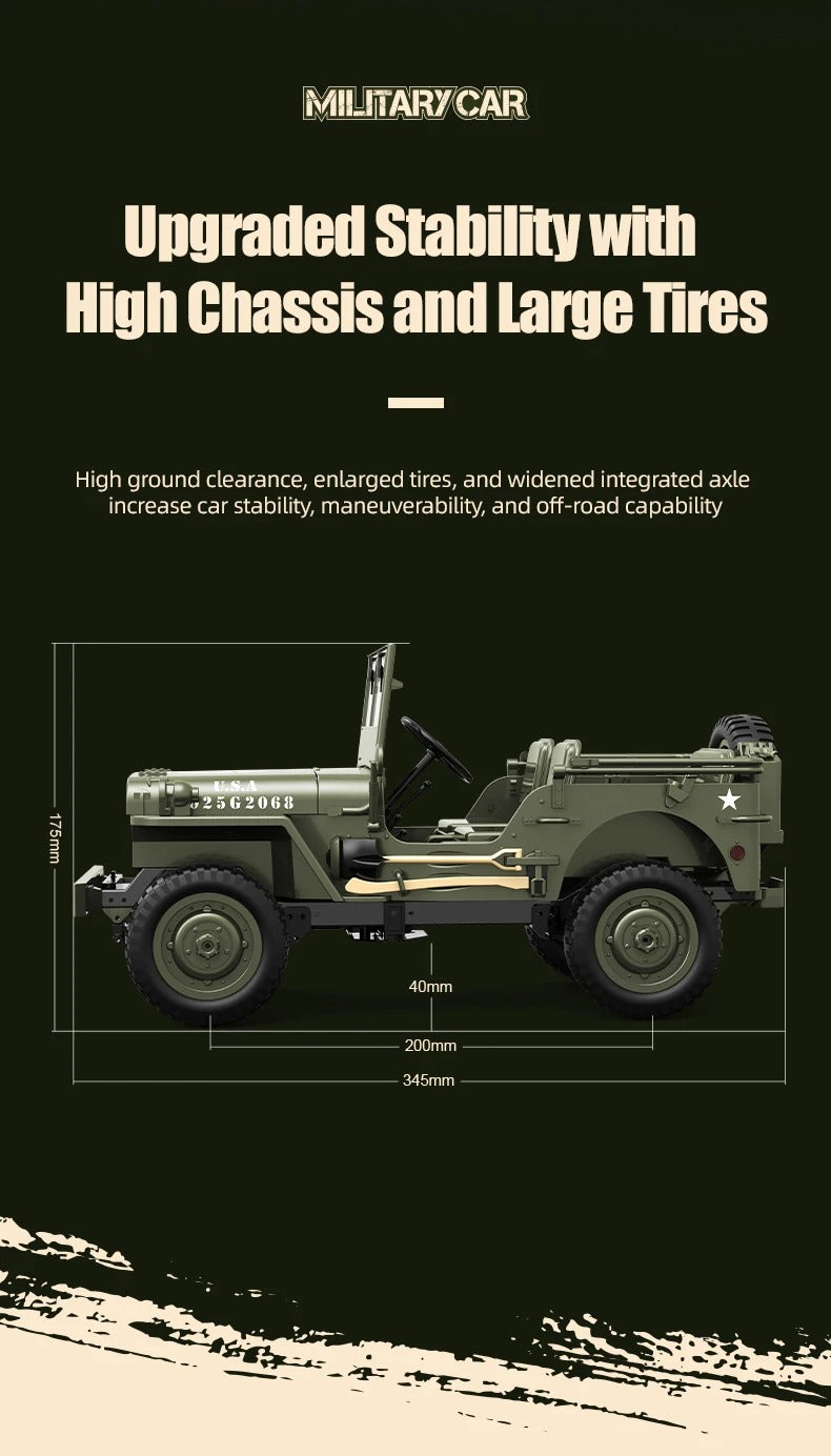 JJRC C8815 - 1:10 Scale Willys Military Jeep RC Car, 4WD Off-Road Rock Crawler, 2.4GHz Full Proportional Remote Control, LED Lights, WWII Army Vehicle Model, Rechargeable Battery description image 10