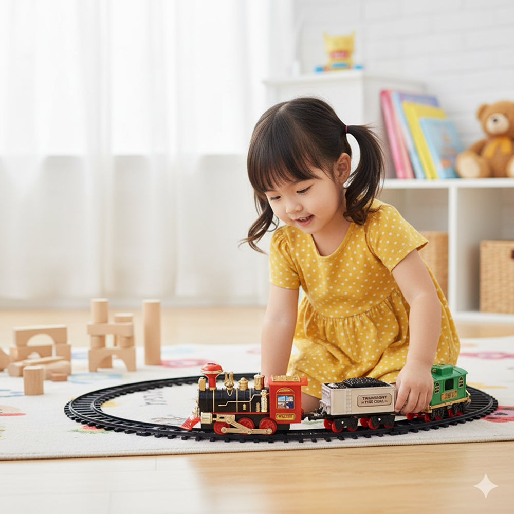 Classic Steam Train Set with Track - Choo Choo Super Locomotive Toy with Passenger & Cargo Cars - NO.19020B