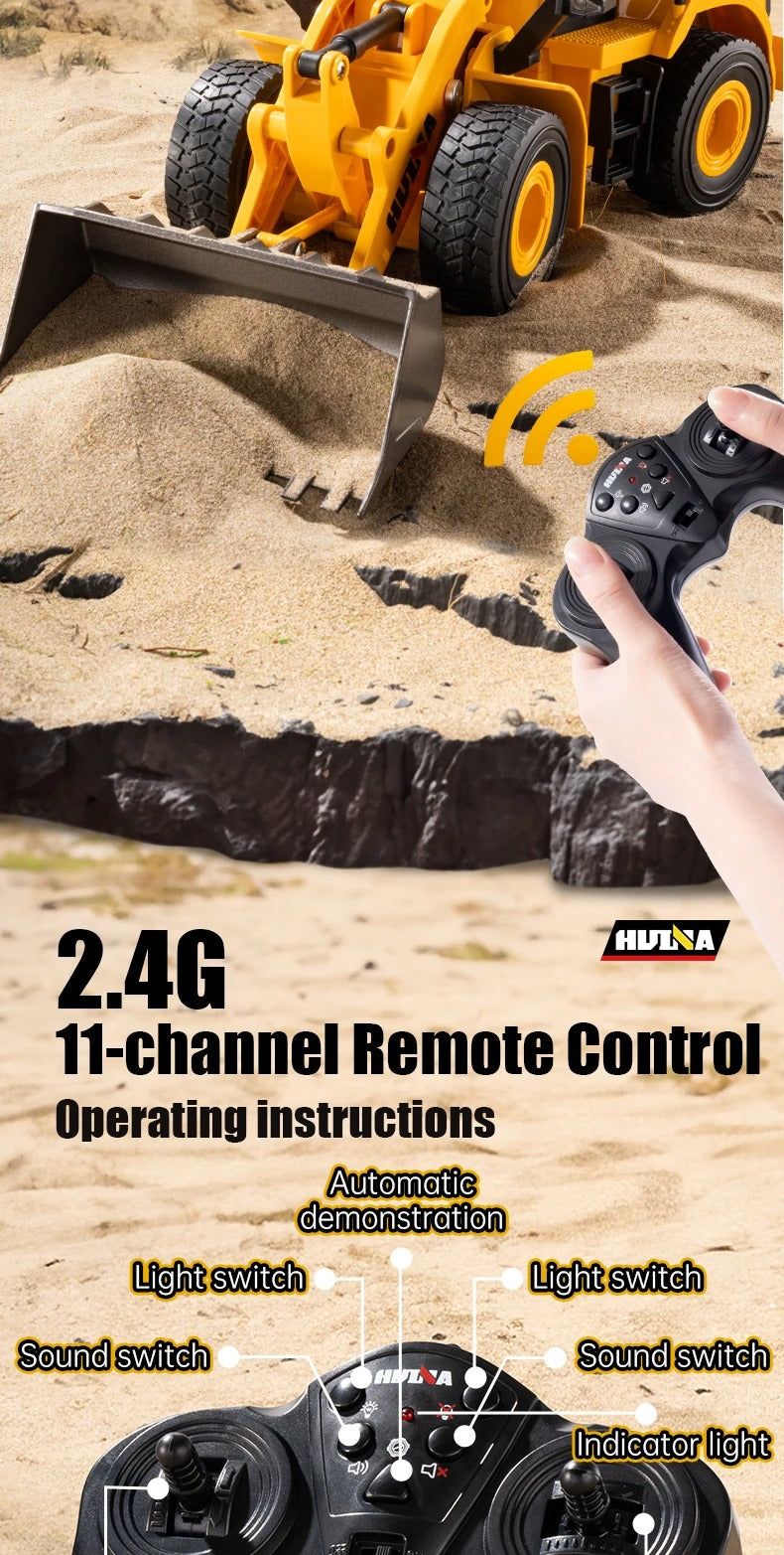 Huina 1552 - 1:16 RC Wheel Loader | 2.4GHz 11CH Semi-Alloy Front End Construction Loader with Metal Bucket, Lights & Sound description image 11