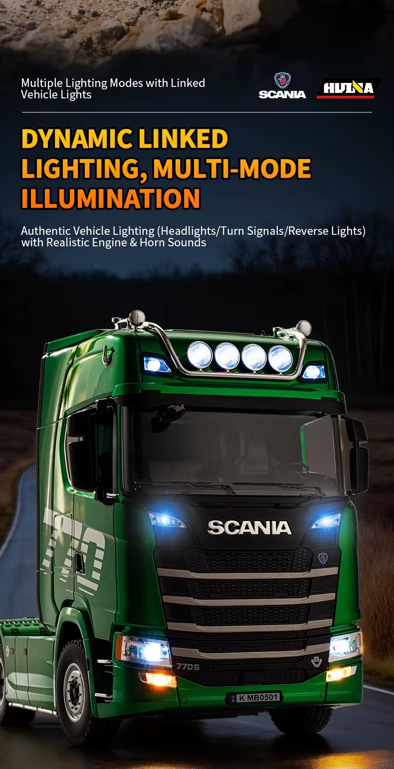 Huina 1501 - Scania 770S 1:18 RC Truck with Low Bed Trailer | 2.4GHz Full Function Heavy Duty Transport Hauler RTR description image 12