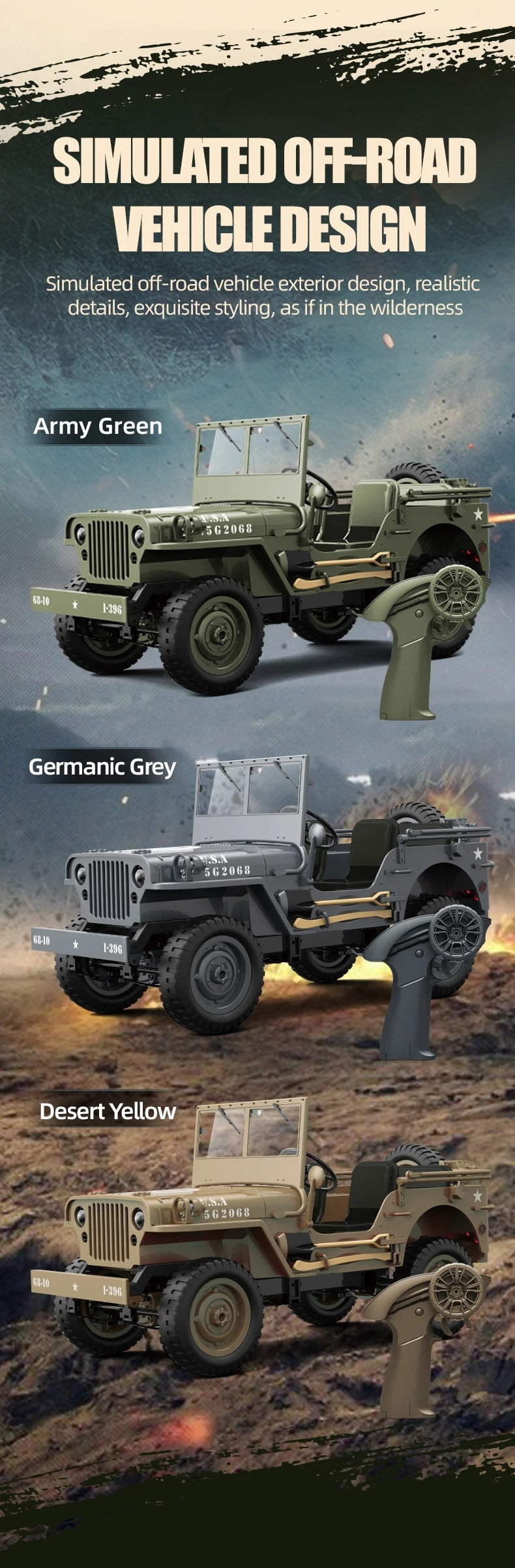 JJRC C8815 - 1:10 Scale Willys Military Jeep RC Car, 4WD Off-Road Rock Crawler, 2.4GHz Full Proportional Remote Control, LED Lights, WWII Army Vehicle Model, Rechargeable Battery description image 12