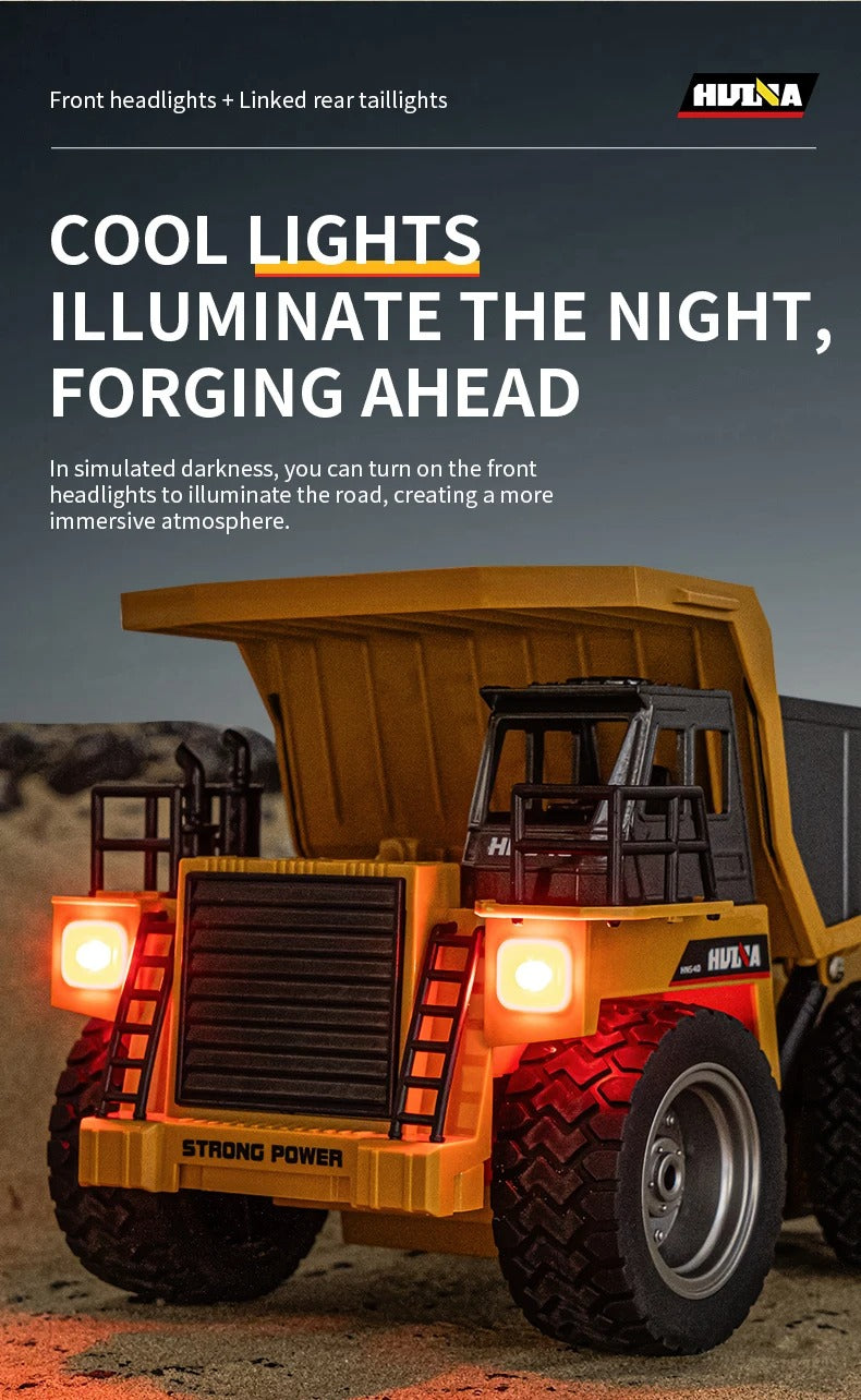 Huina 1533 - 1:18 RC Dump Truck 2.4GHz 9CH Alloy Tipping Construction Vehicle with Full Function Remote Control & LED Lights description image 11