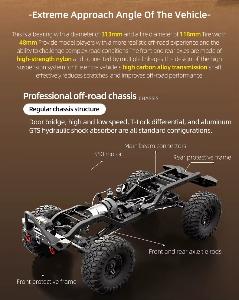 HB Toys R1016 - 1:10 4WD RC Rock Crawler Truck | Full Proportional Off-Road Climbing Car with Dual Motor, 2.4GHz Remote, LED Lights description image 12
