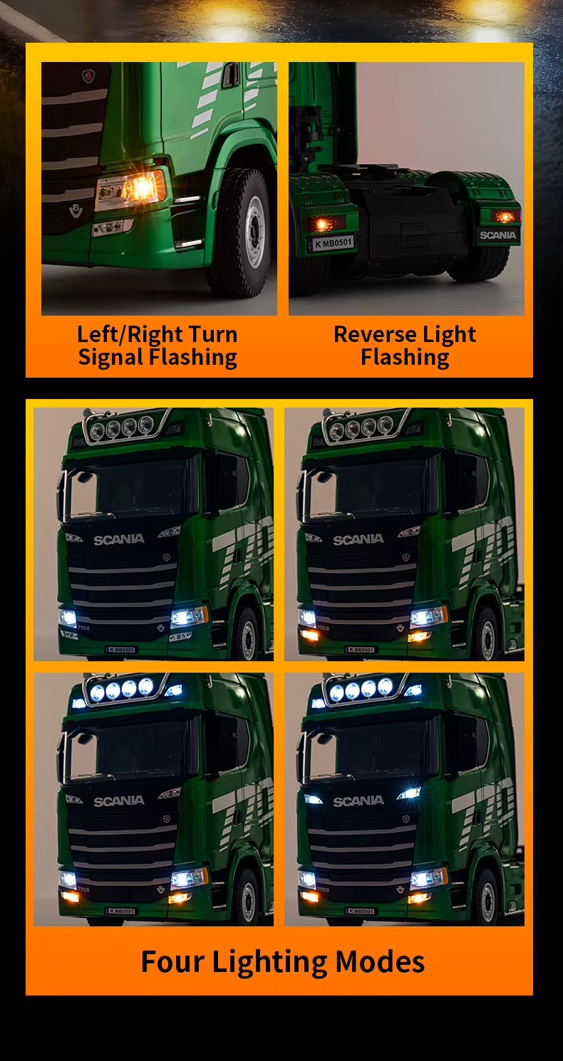 Huina 1501 - Scania 770S 1:18 RC Truck with Low Bed Trailer | 2.4GHz Full Function Heavy Duty Transport Hauler RTR description image 13