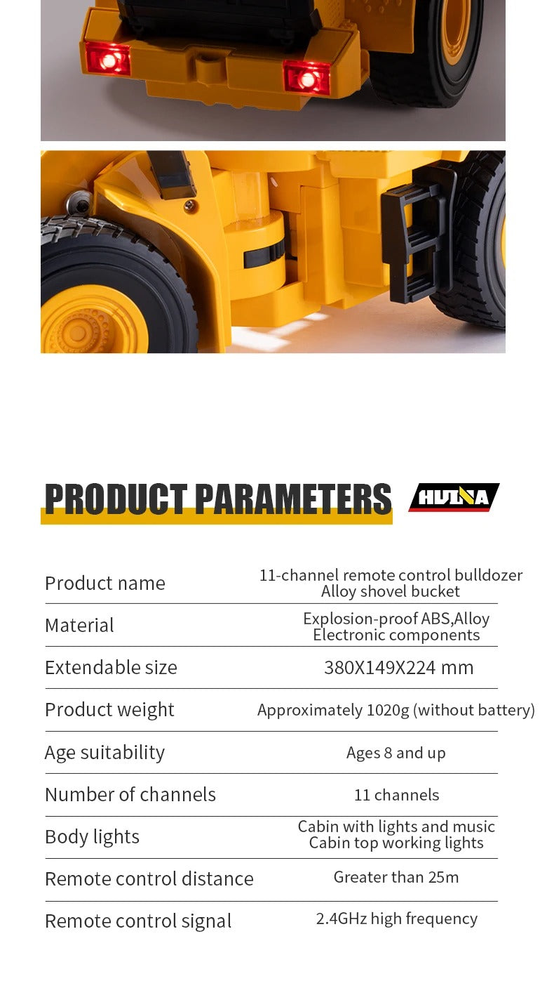 Huina 1552 - 1:16 RC Wheel Loader | 2.4GHz 11CH Semi-Alloy Front End Construction Loader with Metal Bucket, Lights & Sound description image 13