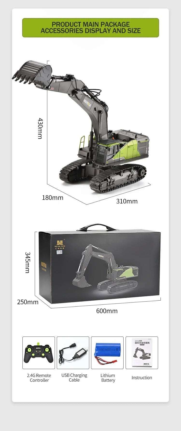 Huina 1593 - 1:14 RC Excavator | 2.4GHz 22CH Semi-Alloy Full Function Construction Digger with Realistic Lights & Sound description image 14