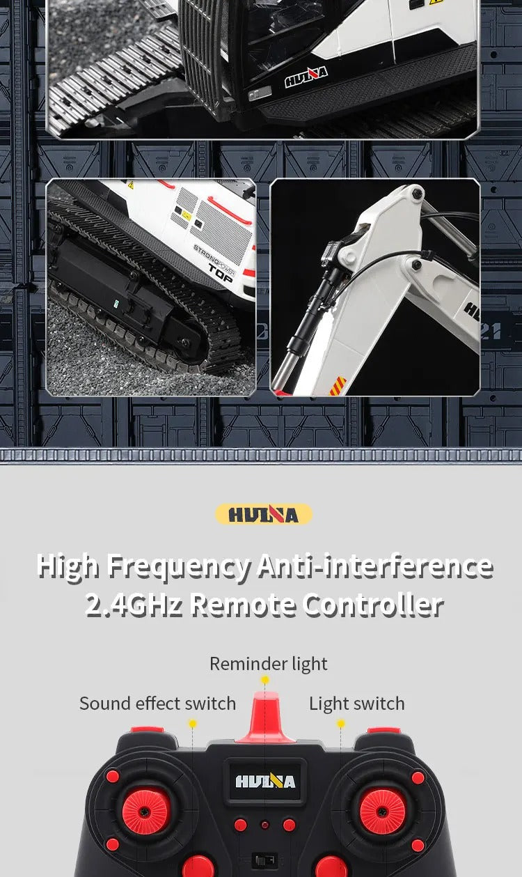 Huina 1594 - 1:14 RC Excavator 22CH Alloy Metal Construction Truck 2.4GHz 360° Remote Control Engineering Digger Toy description image 15
