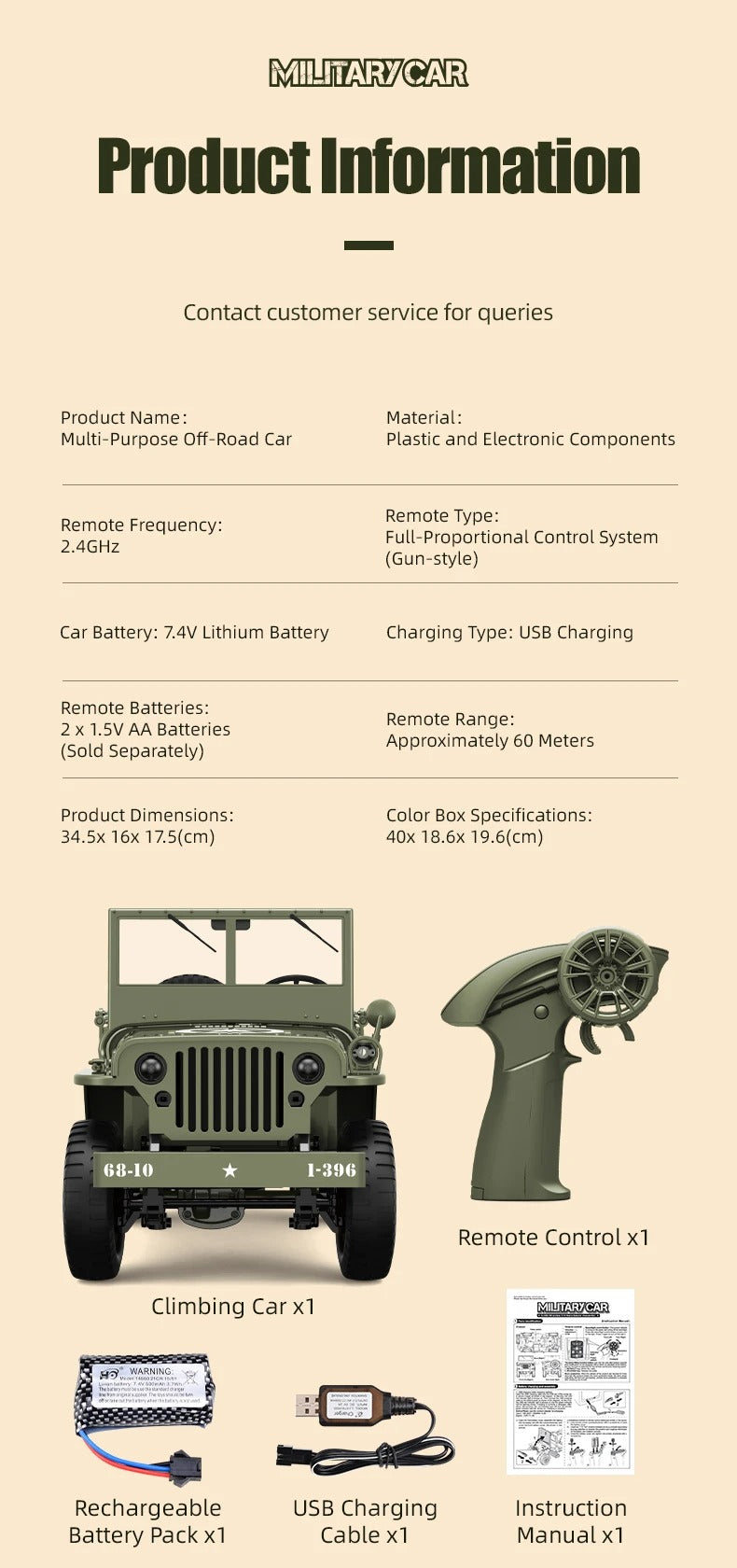 JJRC C8815 - 1:10 Scale Willys Military Jeep RC Car, 4WD Off-Road Rock Crawler, 2.4GHz Full Proportional Remote Control, LED Lights, WWII Army Vehicle Model, Rechargeable Battery description image 16