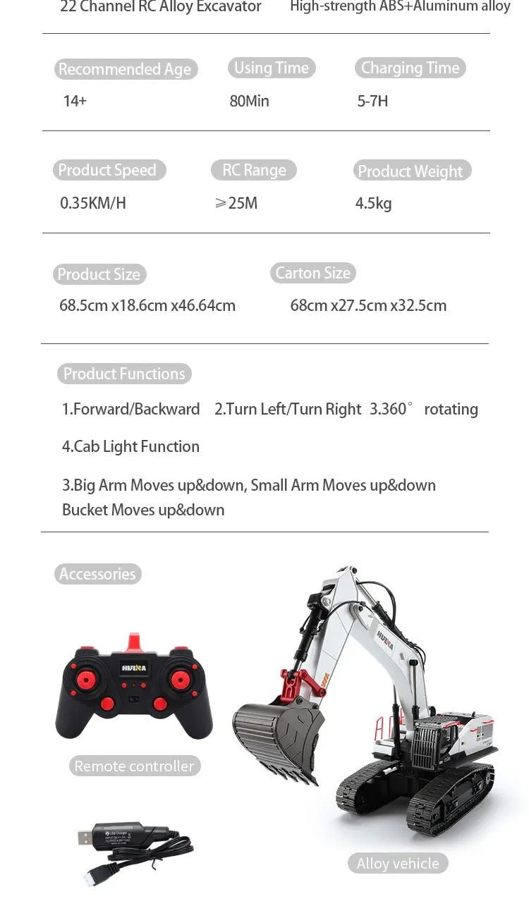 Huina 1594 - 1:14 RC Excavator 22CH Alloy Metal Construction Truck 2.4GHz 360° Remote Control Engineering Digger Toy description image 17