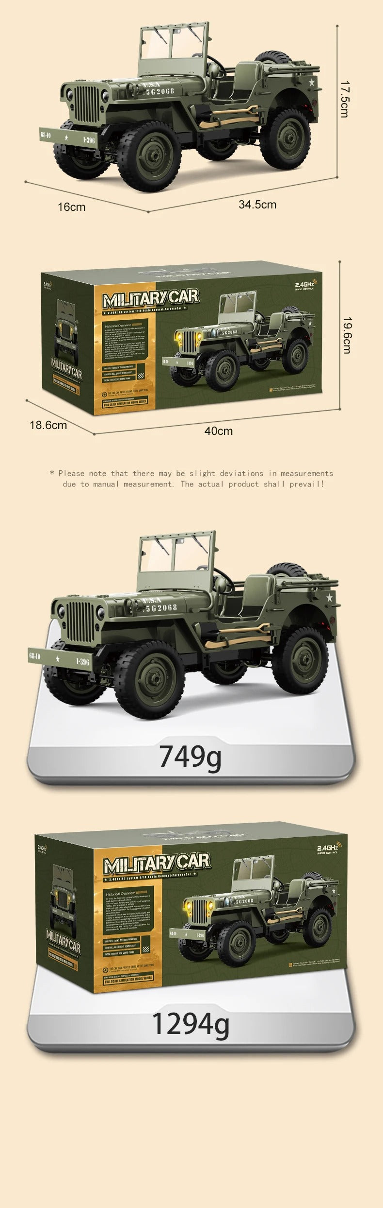 JJRC C8815 - 1:10 Scale Willys Military Jeep RC Car, 4WD Off-Road Rock Crawler, 2.4GHz Full Proportional Remote Control, LED Lights, WWII Army Vehicle Model, Rechargeable Battery description image 17