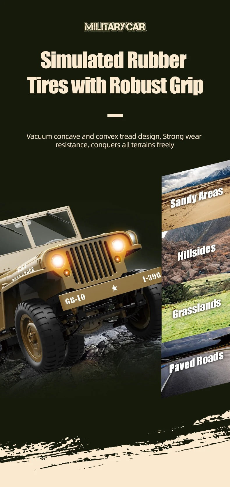 JJRC C8815 - 1:10 Scale Willys Military Jeep RC Car, 4WD Off-Road Rock Crawler, 2.4GHz Full Proportional Remote Control, LED Lights, WWII Army Vehicle Model, Rechargeable Battery description image 18