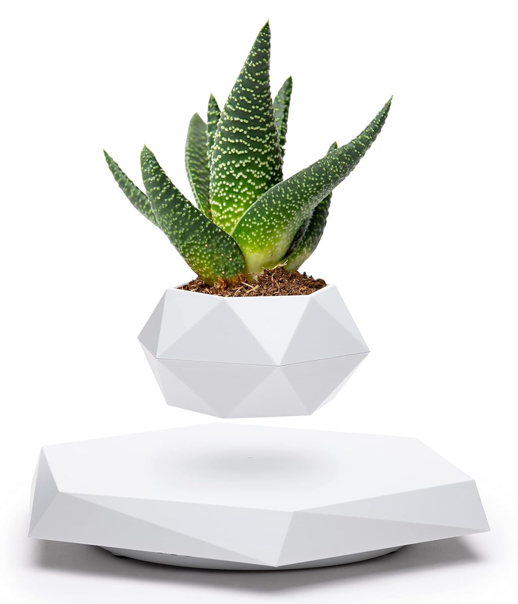 Floating White Levitation Planter | Magnetic Anti-Gravity Flower Pot with 360° Rotating Display