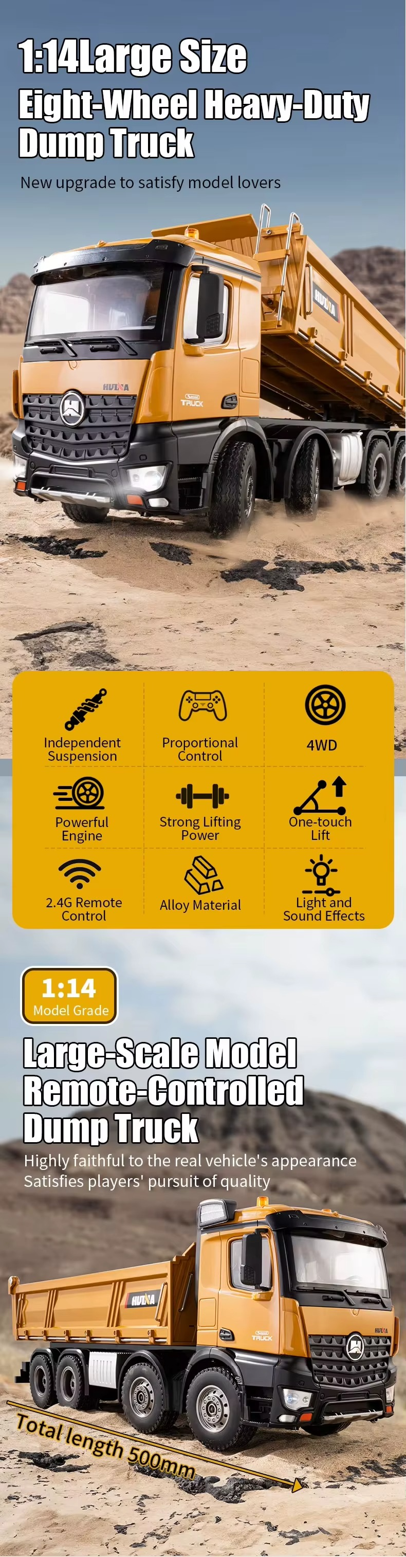 Huina 1536 1:14 RC Dump Truck | 12CH 8-Wheel Alloy Remote Control Construction Vehicle, Heavy Duty Engineering Truck Toy with 2.4GHz Control & Rechargeable Battery description image 1