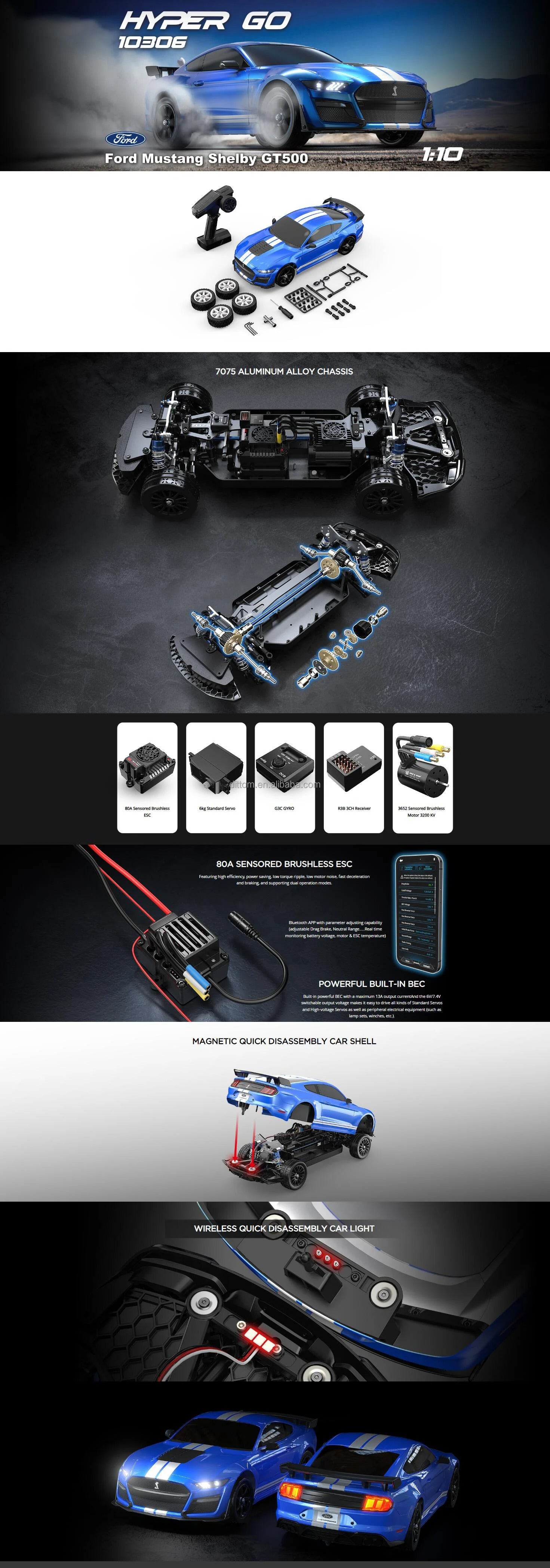 MJX Hyper Go 10306 - 1:10 Ford Mustang Shelby GT500 RC Car, 4WD Sensored Brushless Motor, 2.4GHz Proportional Control, 70km/h High-Speed Drift & Rally Car, 2S Battery Included, Upgradable to 3S description image 1