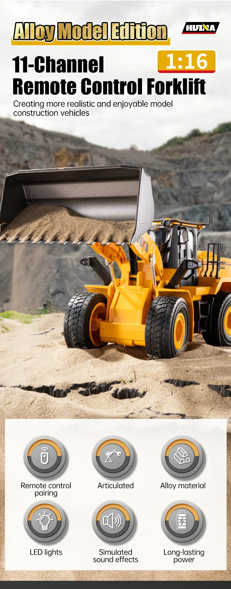Huina 1552 - 1:16 RC Wheel Loader | 2.4GHz 11CH Semi-Alloy Front End Construction Loader with Metal Bucket, Lights & Sound description image 1