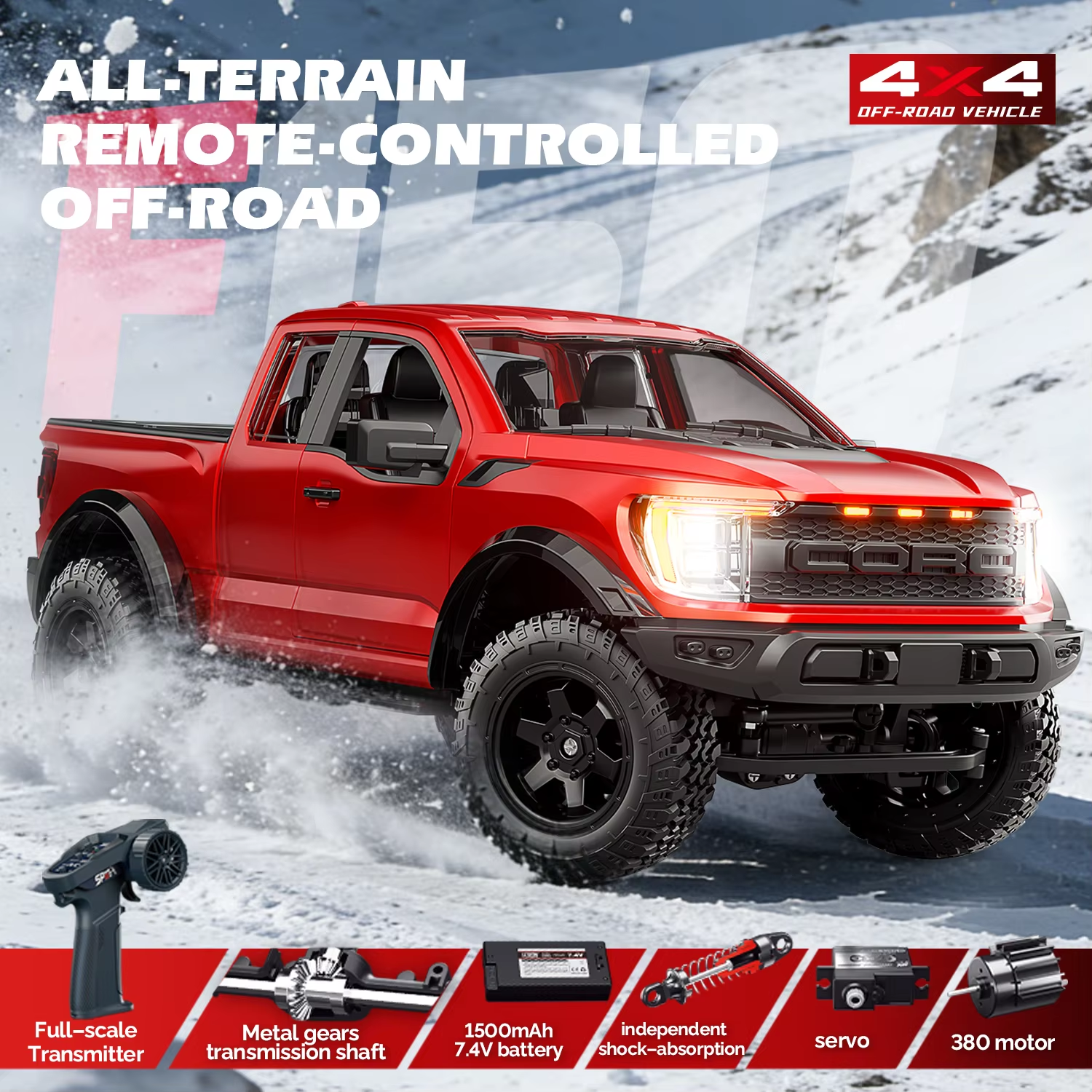 Hstar F150- 1:12 Scale Raptor 4WD RC Off-Road Truck with 2.4GHz Remote Control, Rechargeable Battery, Ready-to-Run All Terrain Remote Control Pickup Truck for Kids & Adults description image 1