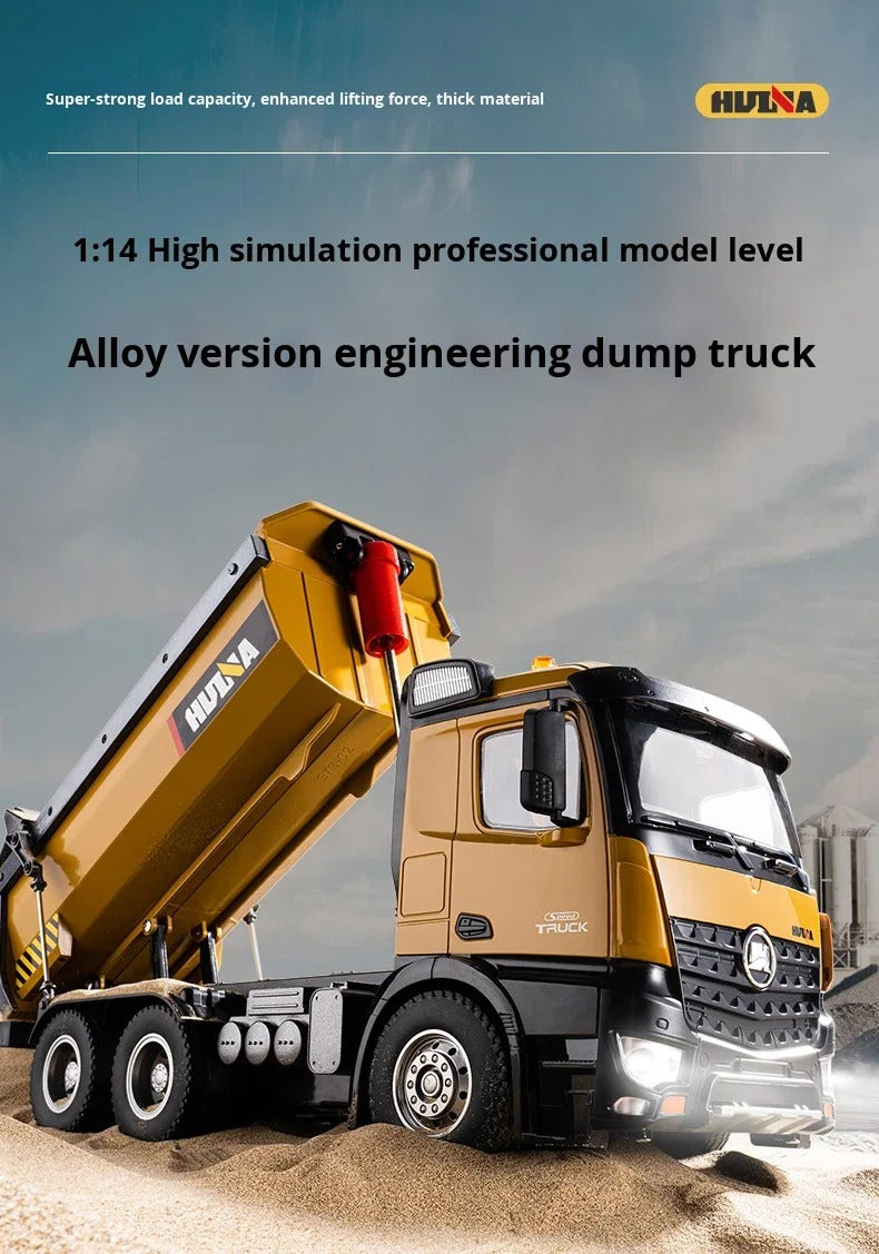 Huina 1573 - 1:14 RC Dump Truck - 2.4GHz Full Function Heavy Duty Construction Tipper with Realistic Dump Bed & LED Lights description image 1