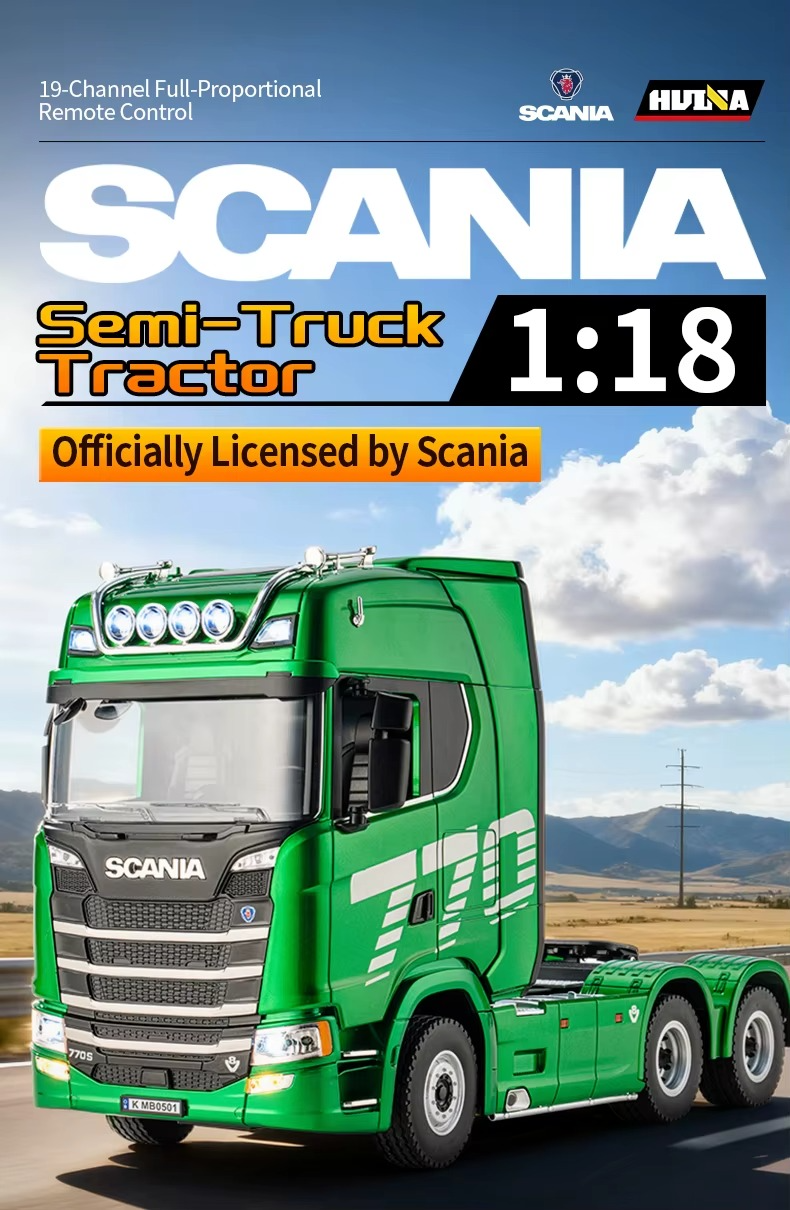 Huina 1501 - Scania 770S 1:18 RC Truck with Low Bed Trailer | 2.4GHz Full Function Heavy Duty Transport Hauler RTR description image 1