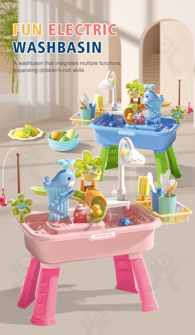 Vegetable Washing Basin Play Set 43 Pieces with Running Water Sink, Fishing Game & Kitchen Accessories for Kids 3+ Years description image 1