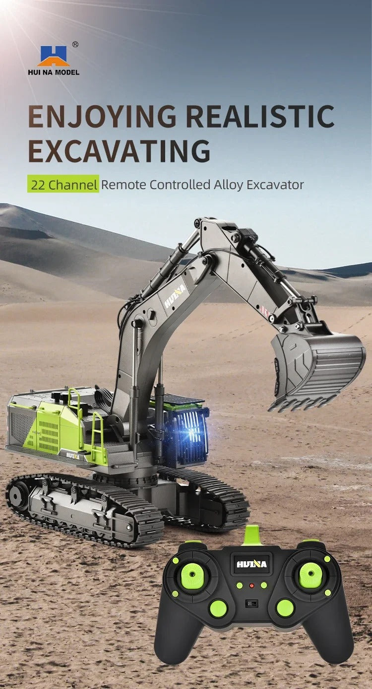 Huina 1593 - 1:14 RC Excavator | 2.4GHz 22CH Semi-Alloy Full Function Construction Digger with Realistic Lights & Sound description image 1