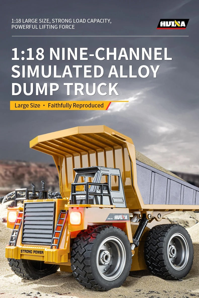 Huina 1533 - 1:18 RC Dump Truck 2.4GHz 9CH Alloy Tipping Construction Vehicle with Full Function Remote Control & LED Lights description image 1